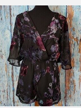 As U Wish Black Floral Sheer Romper with Purple & Pink Flowers NWT